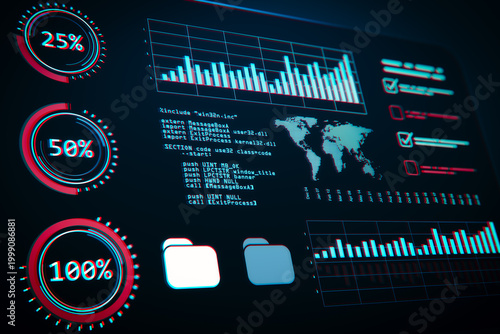 Futuristic digital dashboard with charts, graphs, data metrics, world map and...