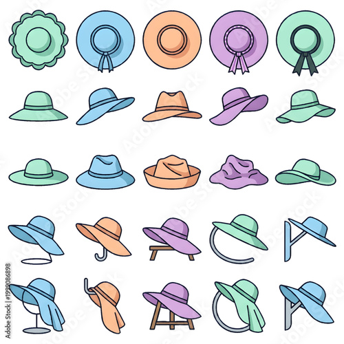 Cute Cartoon Women's Hats Vector Set - Summer Sun Hats, Fedoras and Cowboy Hats Collection
