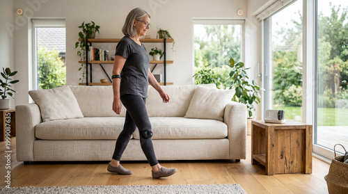 Vibrant senior embraces her health journey, walking serenely in a sun kissed, spacious home