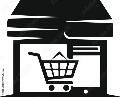 Online shopping cart icon on laptop screen symbolizes e commerce and digital retail business.