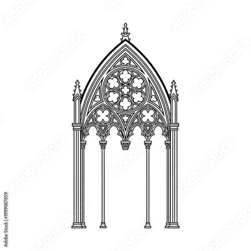 Gothic Arch Architectural Element with Intricate Tracery and Columns in Medieval Cathedral Style Black and White Line Art Illustration