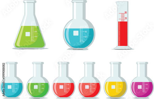 Laboratory glassware collection with colorful chemical liquids in scientific flask beaker vector illustration set