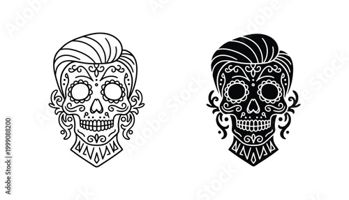 Sugar skull portrait icon set with detailed patterns in line art and solid black silhouette styles for Mexican culture and art design