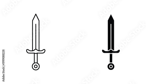 Minimalist sword icon set in line art and solid black silhouette styles for fantasy game design and medieval weapon graphics