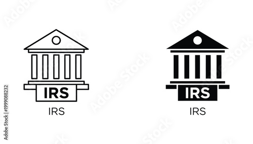 Government building icon set with IRS text label in line art and solid black styles for tax and financial service branding