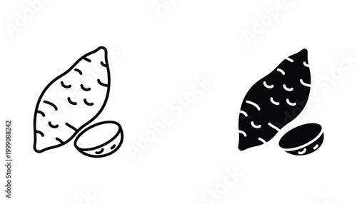 Sweet potato vegetable icon set with sliced piece in line art and solid black silhouette styles for nutrition and food graphics
