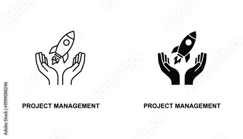 Project management icon with rocket launching from hands for startup and business growth success concept in professional black and white vector graphic style