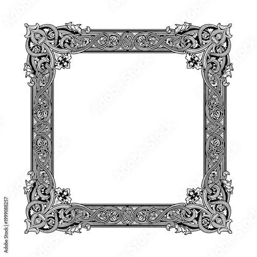 Ornate vintage frame with intricate black and white scrollwork and floral patterns for decorative border design