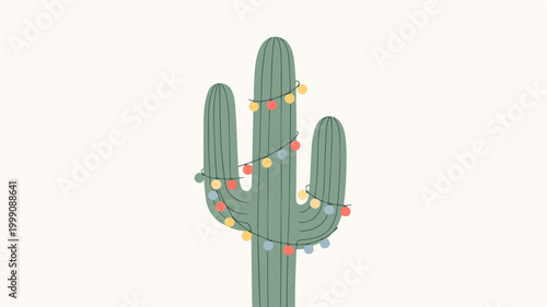 Cactus decorated with colorful string lights for festive holiday mood