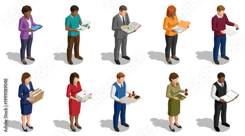 Legal and paralegal support staff performing office documentation tasks | isometric character collection for business administration workflow
