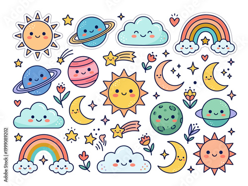 Cute Kawaii Space and Weather Sticker Set with Planets, Sun, Rainbows, and Stars - Vector Clipart for Kids and Planners