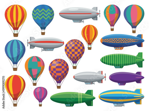 Set of Colorful Vector Hot Air Balloons and Blimps Illustration Icons Isolated on White
