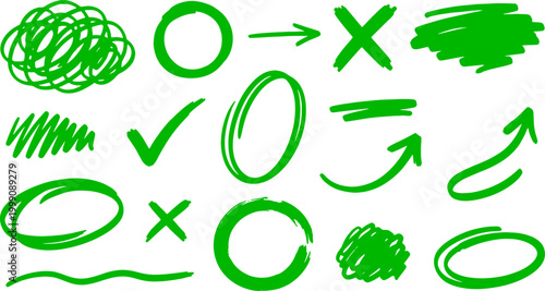Green Hand Drawn Markings and Symbols Set for Annotation and Correction Concepts