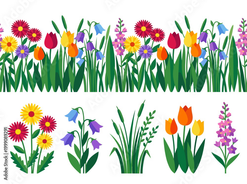 Seamless Spring Flower Border and Individual Floral Elements Set. Flat Vector Illustration of Colorful Garden Wildflowers, Tulips, Daisies, and Grass on White Background.