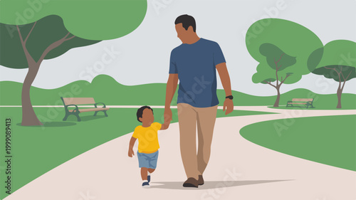 Father holding hand of son walking in park vector illustration graphic