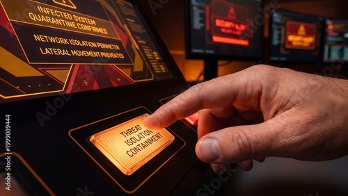 Hand presses a crucial 'Threat Isolation Containment' button on a sophisticated control panel, actively managing a critical cybersecurity breach amidst system quarantine alerts