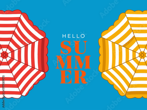 Hello Summer Graphic Illustration with Red and Yellow Striped Beach Umbrellas on Blue Background