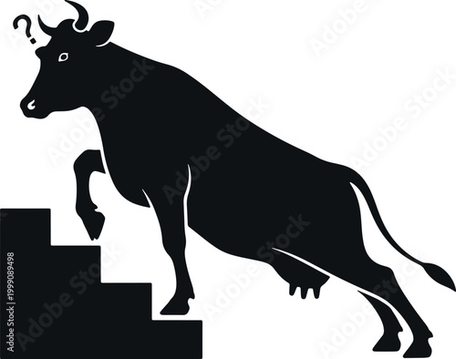 Cow with question mark jumping up stairs silhouette.