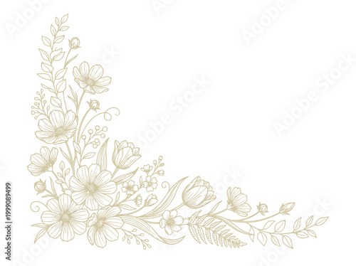 Elegant Golden Floral Corner Border, Hand Drawn Botanical Line Art Illustration for Wedding Invitation and Luxury Stationary