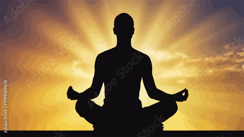 Meditation silhouette with glowing sun rays vector illustration