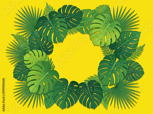 Tropical Green Leaves Frame on Yellow Background - Circular Monstera and Palm Leaf Border for Summer Greeting Card or Social Media