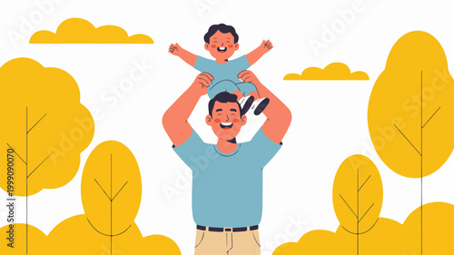 Father holding toddler on shoulders in autumn park vector illustration
