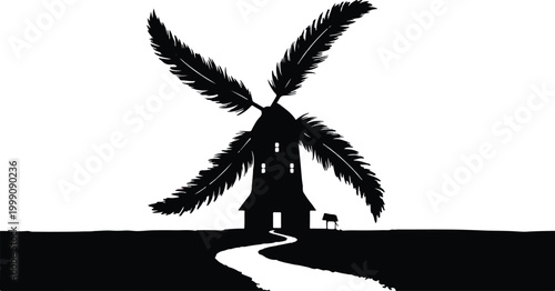 Conceptual Silhouette of a Traditional Windmill with Feather Sails on a Rural Landscape