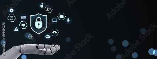 Robotic hand presenting digital shield lock icon with cyber security symbols ...