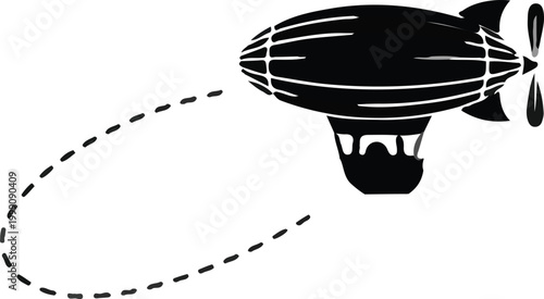 Black and White Silhouette of a Vintage Dirigible Airship with Dotted Flight Path