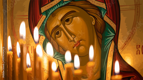 Close up of glowing candles in front of traditional religious icon