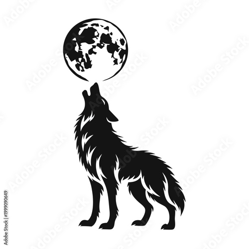Howling wolf silhouette with full moon, black and white wild animal vector illustration, lone wolf predator mascot logo on white background