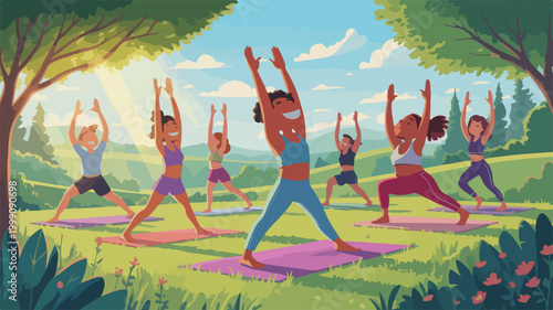 Diverse group of energetic people practicing yoga in sunny nature park