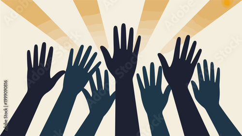 Diverse group of people raising hands in unity and community support