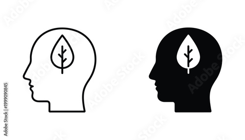 Human profile head with leaf icon set representing eco-friendly mindset and sustainable thinking in outline and solid black vector styles