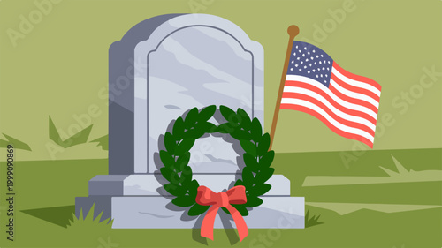 Memorial tombstone with American flag and green laurel wreath