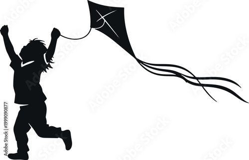 Silhouette of a child running with kite on a windy day in park.