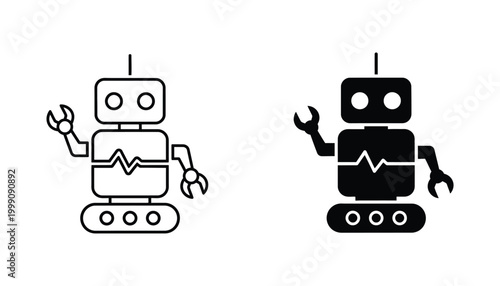 Cute robot character icon set featuring mechanical design with antenna and gear elements in outline and solid black vector formats