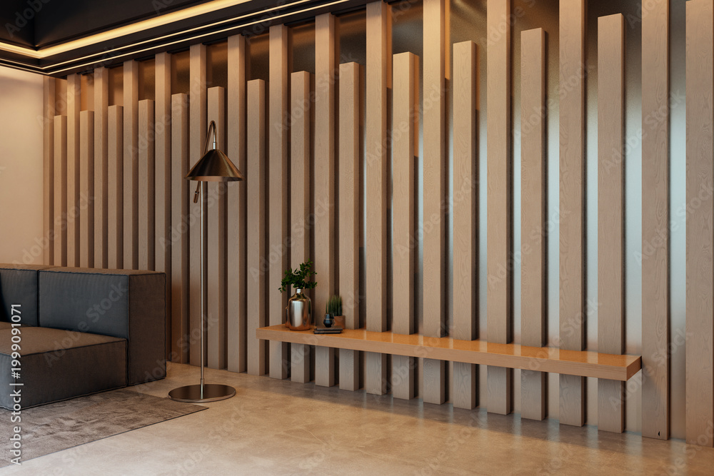 Fototapeta premium Modern interior lounge with wooden slat wall, minimalist bench, soft lighting and refined contemporary design in a warm indoors setting. 3D Rendering