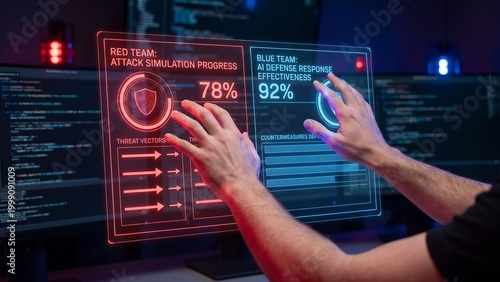 Cyber security expert analyzing attack simulation progress and defense effectiveness on futuristic holographic interface