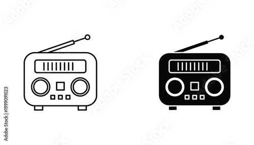 Retro radio receiver icon with antenna and knobs for broadcast music and audio entertainment concepts featuring clean line art and solid black silhouette as high quality vector graphic assets