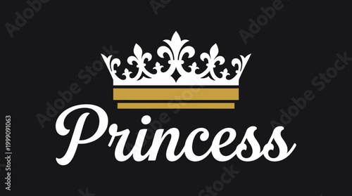 A stunning graphic featuring a golden crown atop the word 'Princess', showcasing elegance and royalty, perfect for designs celebrating femininity and charm.