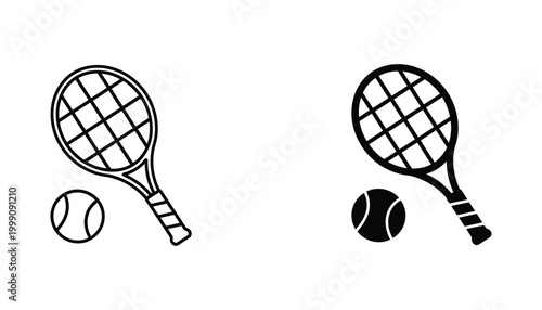 Tennis racket and ball icon set featuring minimalist flat design in black and white style for sports equipment branding and digital interface UI graphic elements