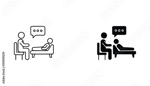 Therapist and patient on couch icon with speech bubble in outline and solid black for psychology and mental health
