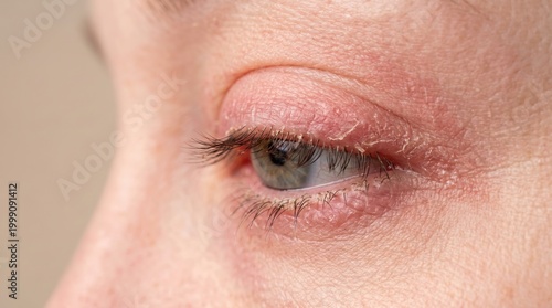 Side view of scaly eyelid skin affected by chronic blepharitis or seborrheic dermatitis