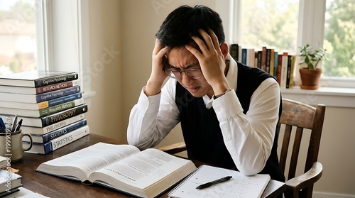 Student experiences academic pressure while studying at a wooden desk filled with heavy textbooks.