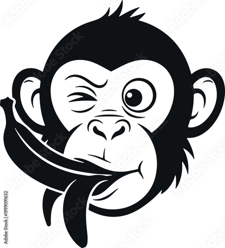 Funny monkey with banana sticking tongue out winking and making a face.
