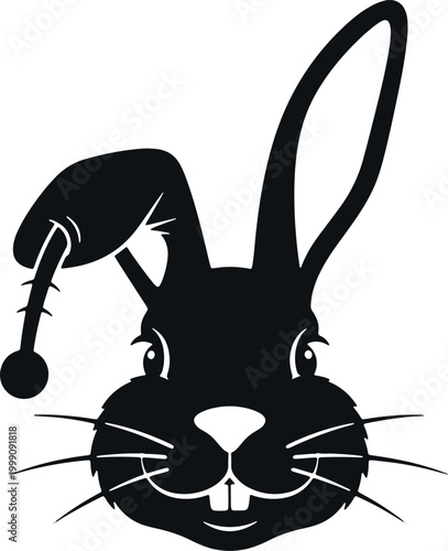 Cute rabbit with christmas hat sticking tongue out with big buck teeth.