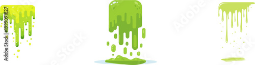 A vibrant green slime drips from the top of a rectangular shape, with scattered yellow droplets below, on a pure white background in a minimalist vector illustration style