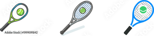 A vibrant green tennis racket with a bright blue frame holds a lively yellow ball, all rendered in flat vector style against a pure white background