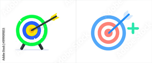 A vibrant vector illustration of a green target with a yellow arrow hitting the bullseye in a minimalist game asset style